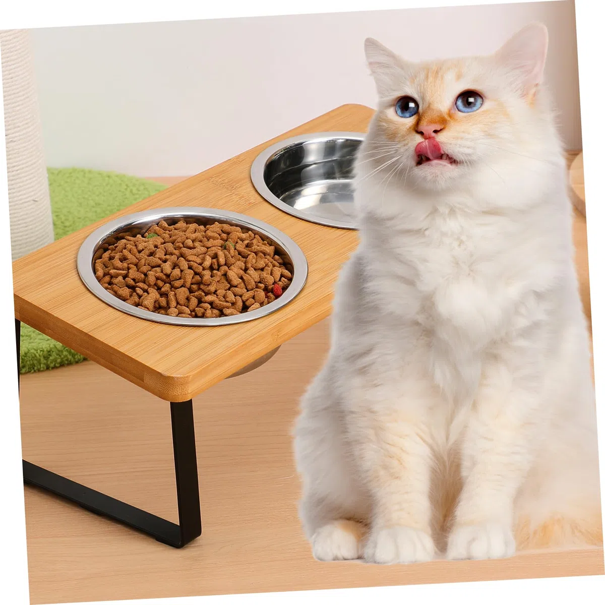 Comedero Elevado para Gatos con Soporte, Doble Cuenco de Acero Inoxidable | Base Antideslizante, Diseño Ergonómico, Uso Interior, Apto para Gato y Perro Pequeño