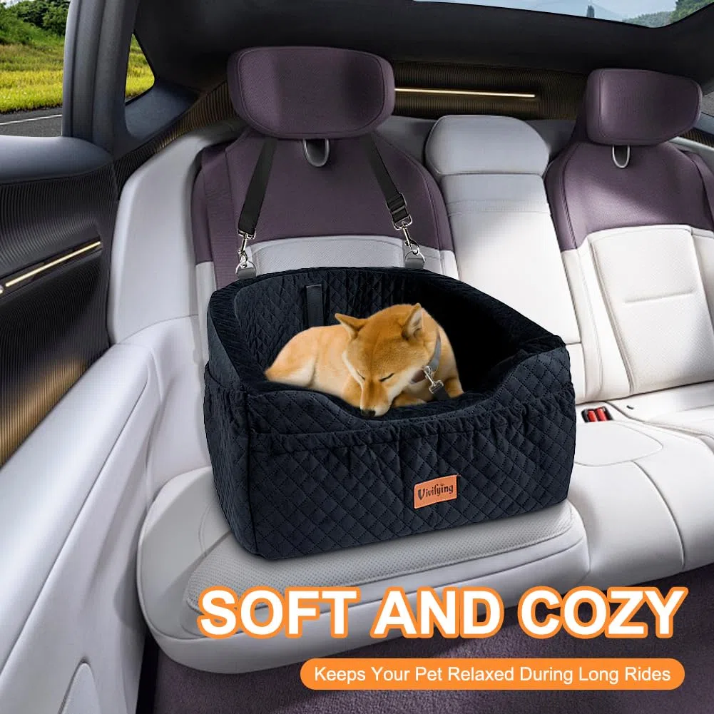 Vivifying - Asiento de coche para perro de tamaño pequeño y mediano, cesta de perro de coche con correa de seguridad y bolsillos de almacenamiento, asiento elevado para asiento delantero y asiento