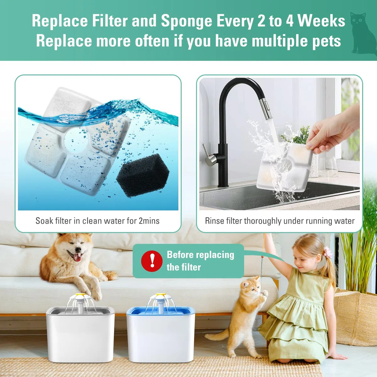 Paquete de 8 filtros de repuesto y 8 esponjas de prefiltro para fuente automática de mascotas de 84 onzas/2.5 L, filtro de fuente de agua BFLICROY para gatos, filtros de repuesto de fuente de mascotas