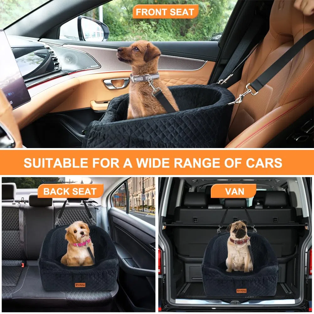 Vivifying - Asiento de coche para perro de tamaño pequeño y mediano, cesta de perro de coche con correa de seguridad y bolsillos de almacenamiento, asiento elevado para asiento delantero y asiento