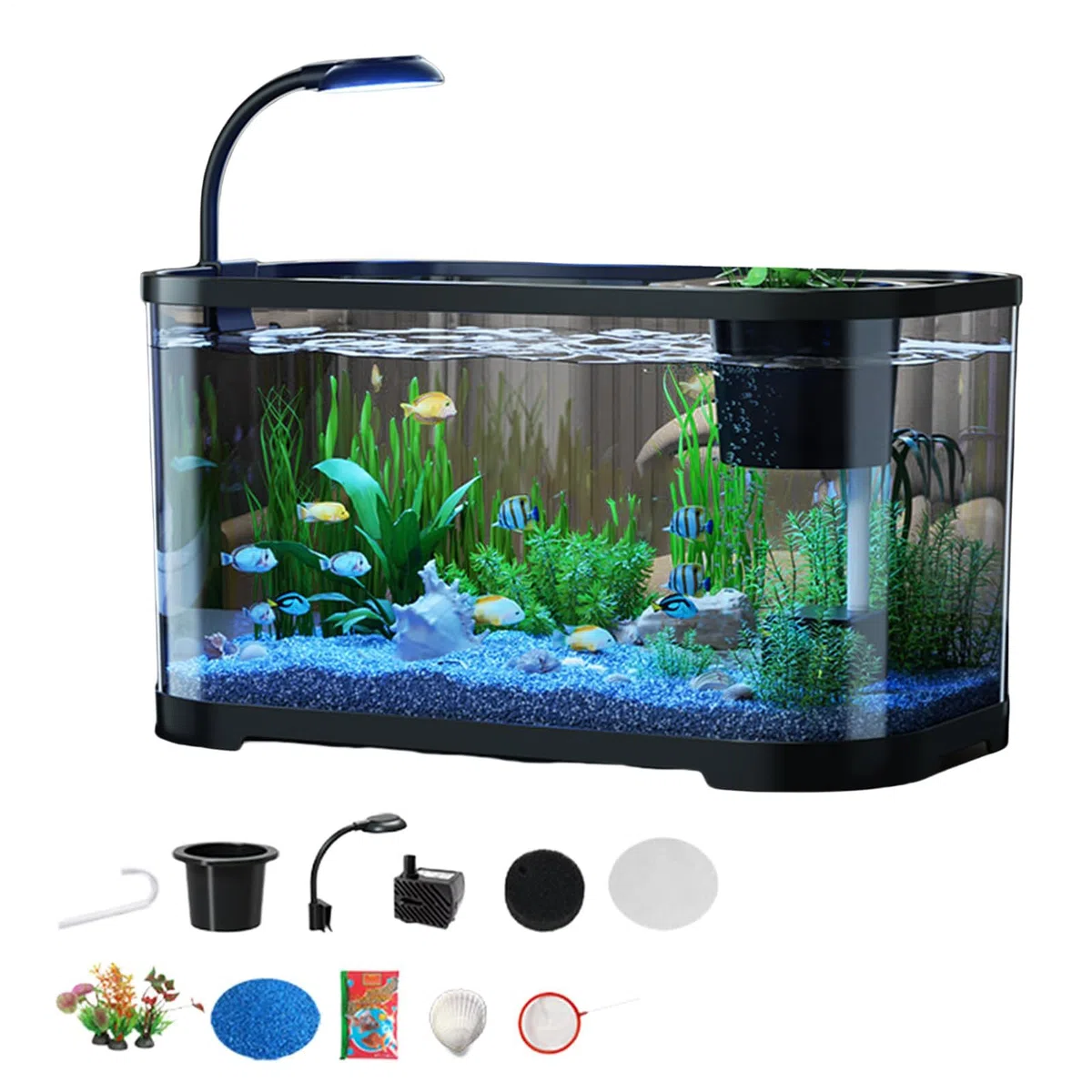 Kit de acuario con filtro y luz LED, pecera compacta para decoración del hogar u oficina