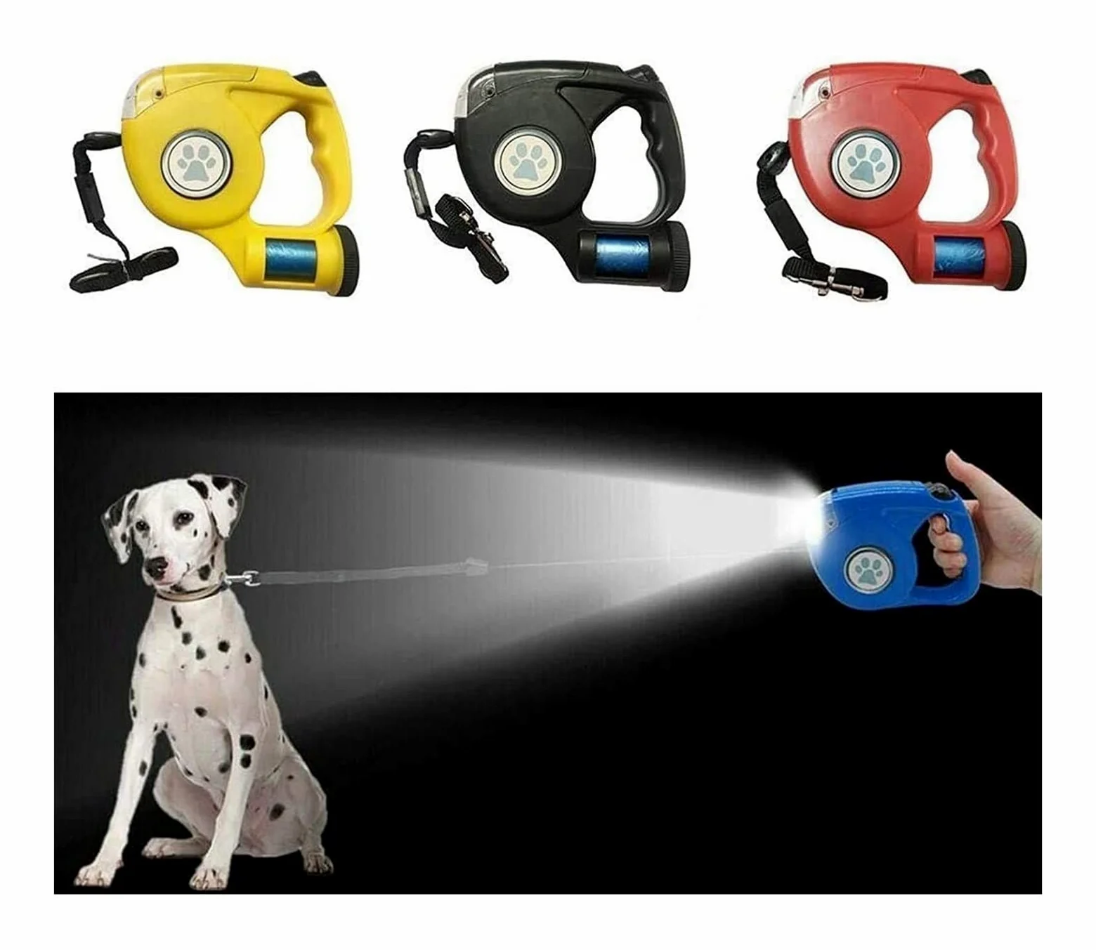 GOUJIAN Correa retráctil para perros con linterna LED brillante y bolsa de basura, correa de guía para perros sin enredos, freno con una sola mano, pausa, candado para perros pequeños y grandes | Azul