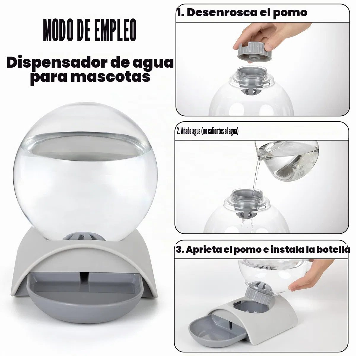 Dispensador de Agua para Mascotas, dispensador automático de Agua de Gravedad de 2.8 L para Gatos, Perros y Conejos, comedero Desmontable para Platos de Agua para Gatos y Perros con Burbuja