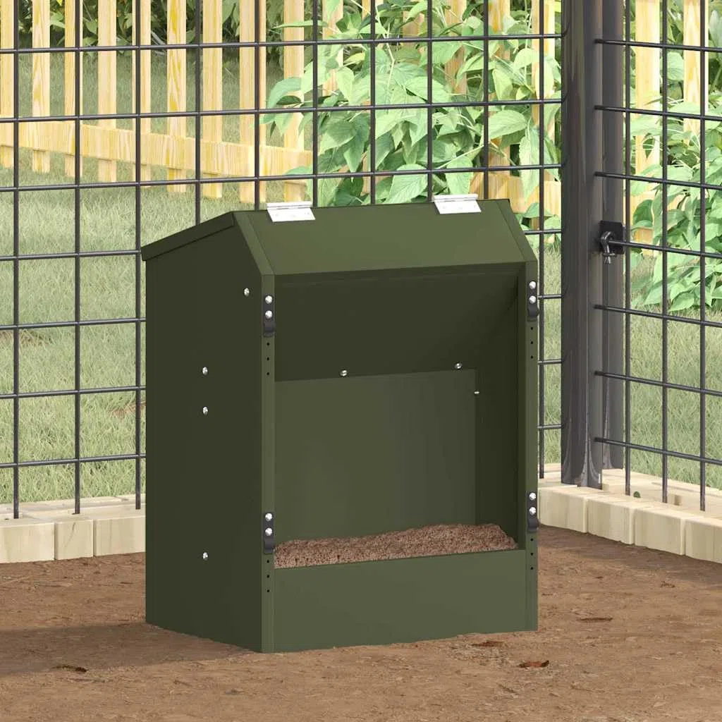 Comedero para conejos verde oliva de acero laminado en frío, 33,5 x 25,5 x 45,5 cm, resistente a la intemperie, con clips y agujeros para interior y exterior, capacidad de 3 kg, estable y fácil