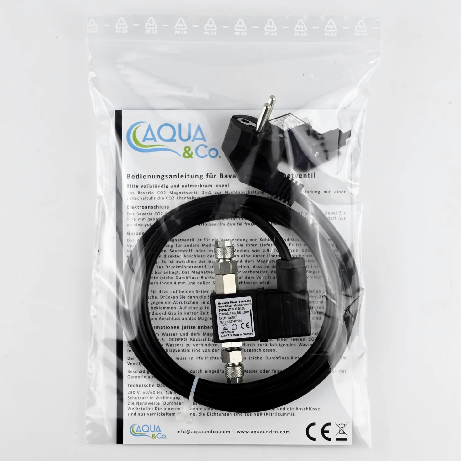 Válvula solenoide de CO2 para acuarios de Bavaria Fluid Systems con cable largo, fabricado en Alemania