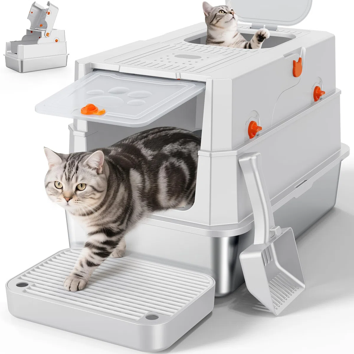 MIXJOY Bandeja para gatos XXL de acero inoxidable con tapa, bandeja sanitaria de acero inoxidable de dos puertas, bandeja cerrada para gatos con pala, fácil de limpiar, adecuada para gatos grandes