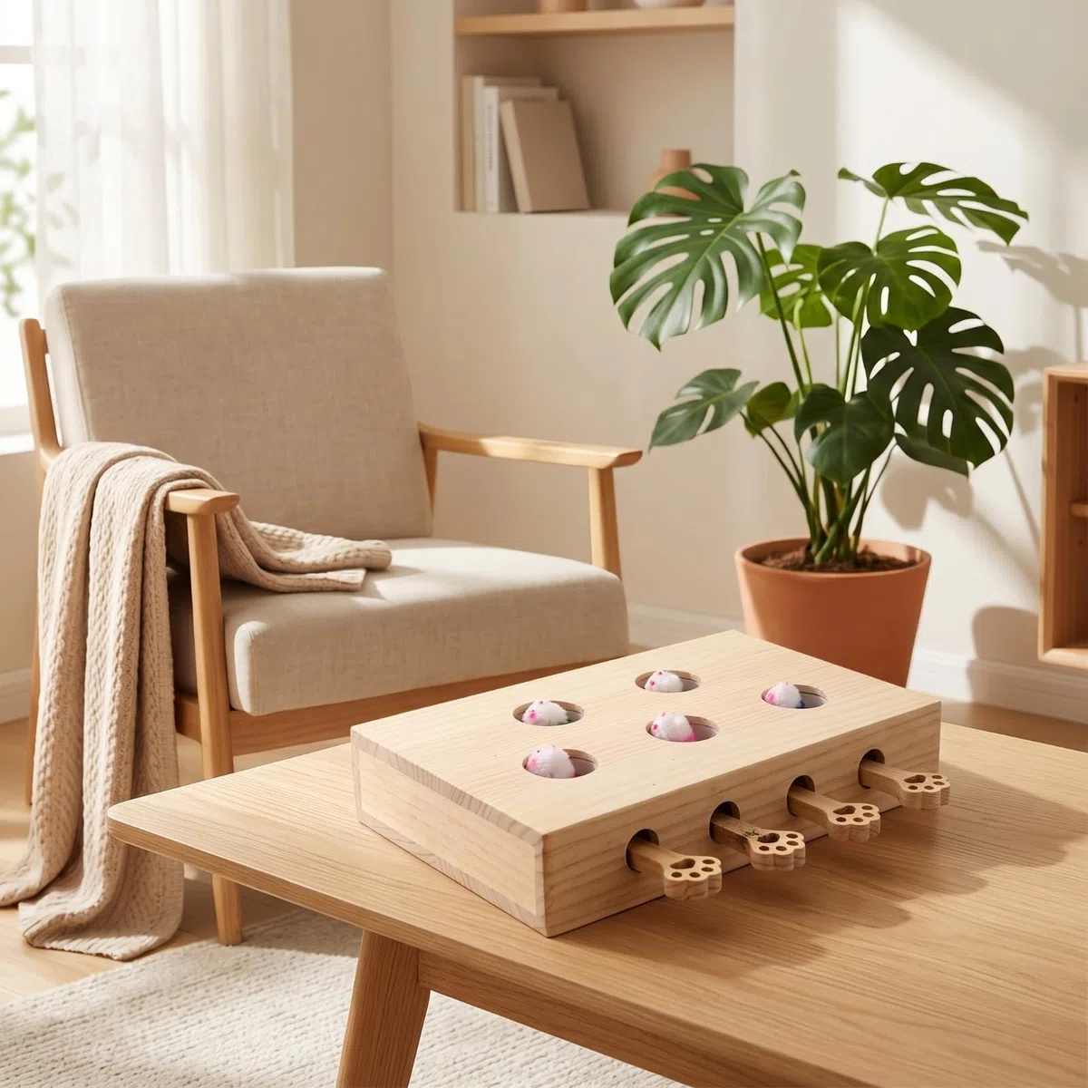 Caja Juego con Palancas Pata Juguete Interactivo Estimulante para Gatos, Juguete Interactivo De Madera para Gatos con Diseño De Muñeco