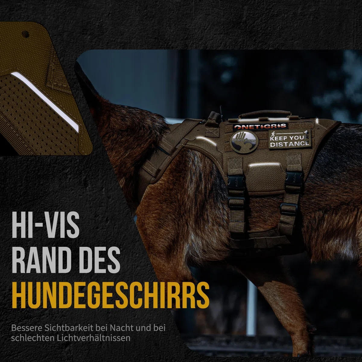 OneTigris Arnés para perros, Torpedo Tactical Arnés con 4 hebillas de metal, 3 anillos en D de metal, 2 asas y tiras reflectantes, arnés de seguridad ajustable para perros grandes y medianos - Marrón
