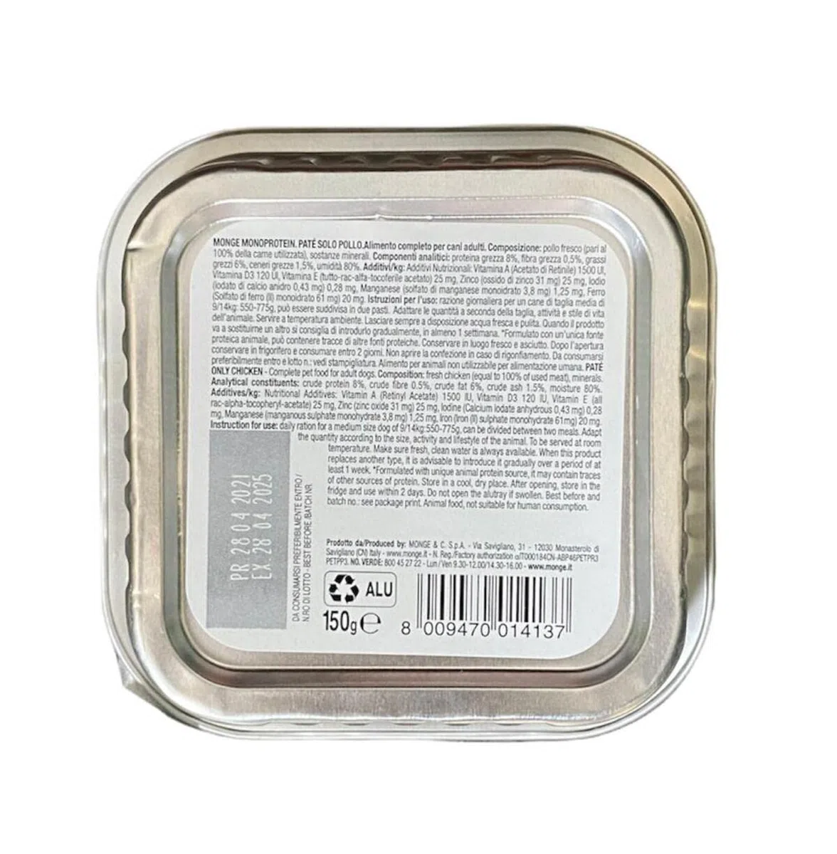Monge Monoprotein - Pienso para Perros Mascotas, Comida Húmeda Solo Pollo, Naturalmente sin Colorantes, Conservantes ni Azúcares Añadidos. Paquete de 24 Bandejas (1 = 150 g)