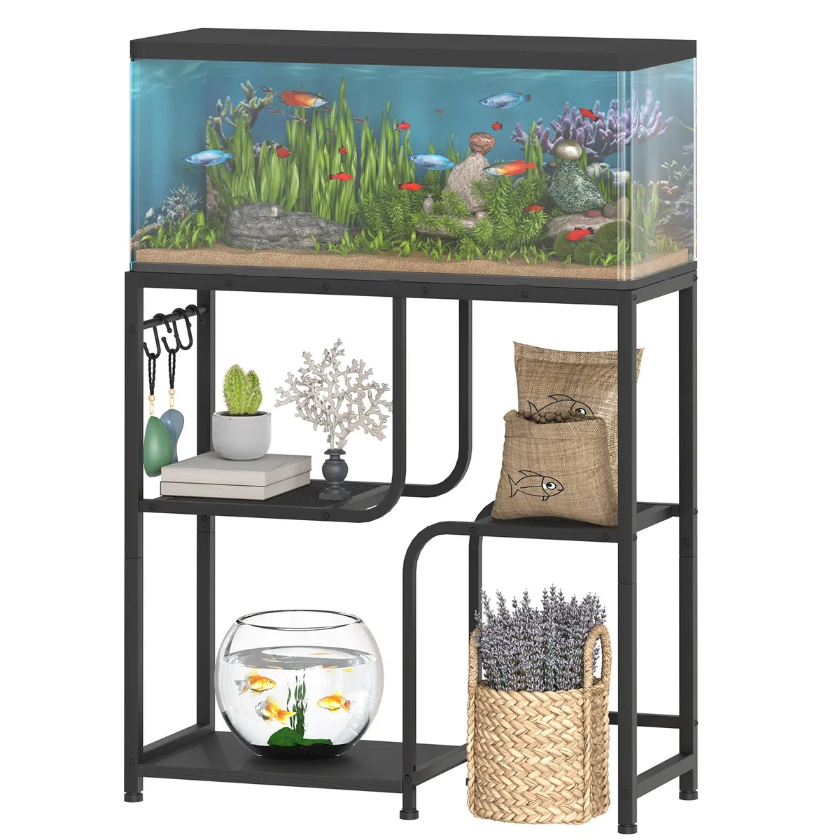 HOOBRO Soporte para Acuarios 76 litros, Base para Terrarios con Barra, 3 Ganchos, 6 Patas Ajustables, 2 Rejillas y 1 Estante, Soporte de Pecera para Sala, Recibidor o Dormitorio, Negro EBB74FT01