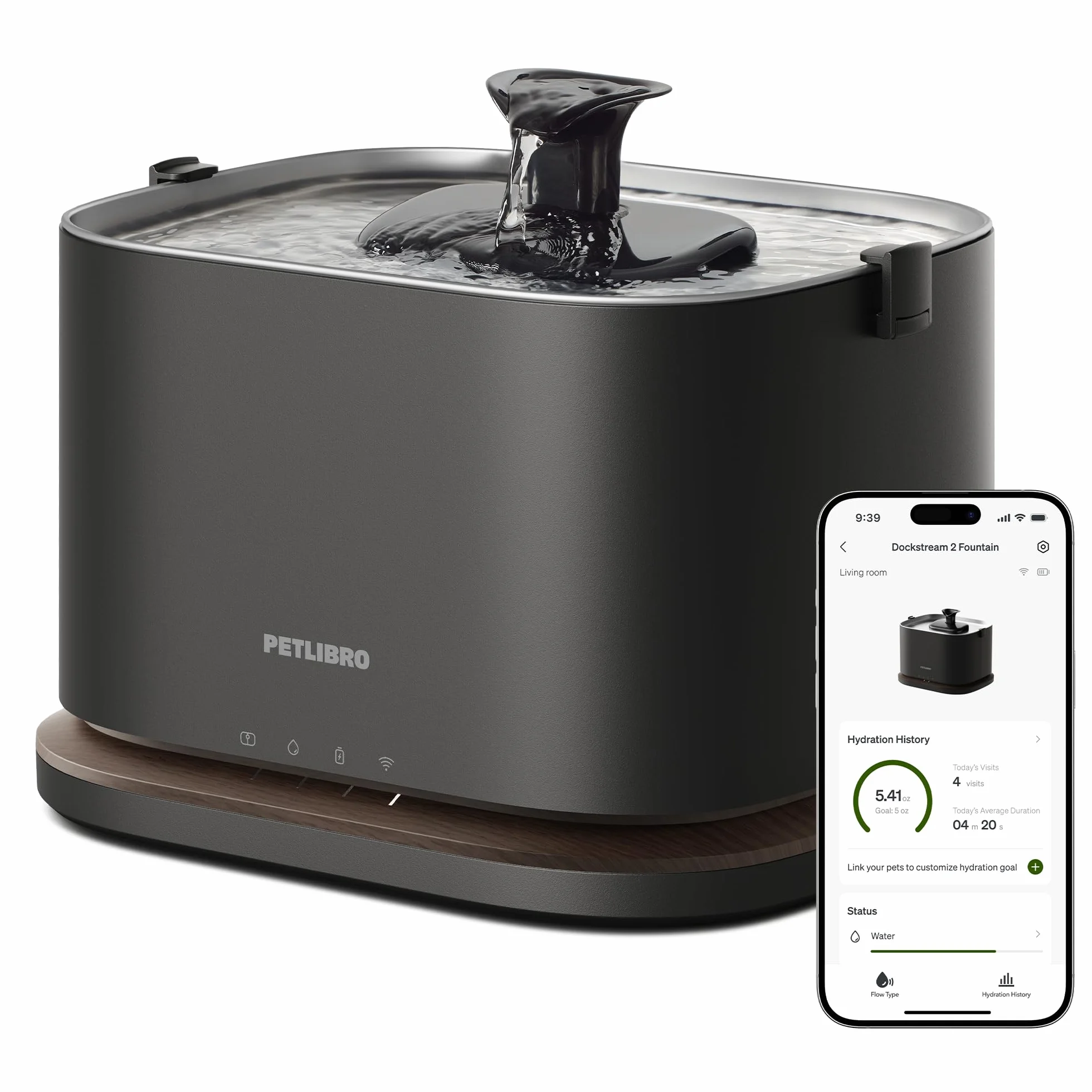 PETLIBRO Dockstream 2 Fuente Agua Gatos, Bebedero Automático App WiFi, 23dB Silencioso, Fácil Limpieza, 3L Acero Inoxidable, sin BPA — Batería 5000mAh Inalámbrico, Negro