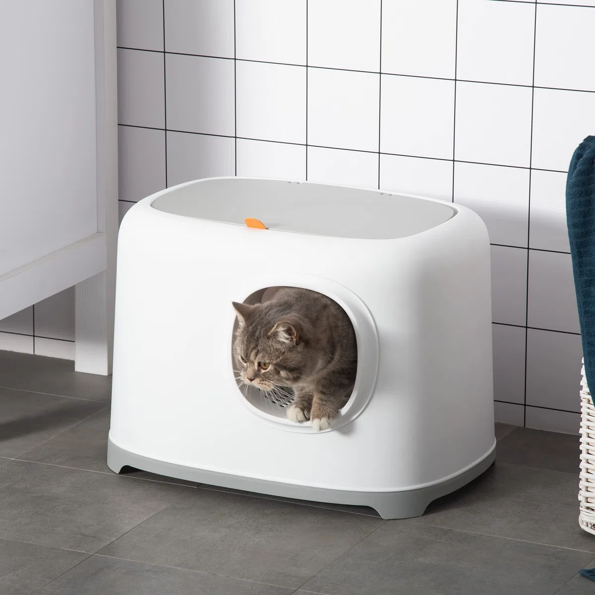 PawHut Caja de Arena para Gatos Arenero Cerrado para Gatos con Techo Abatible Orificio de Entrada Bandeja Extraíble y Pala Incluida 55x40x39 cm Blanco
