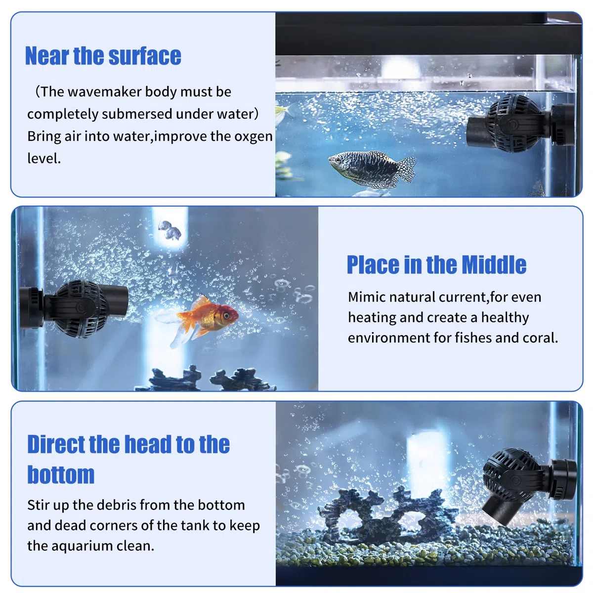 AQUANEAT Bomba de circulación para acuario Wavemaker, 1600 GPH Bomba de potencia para tanque de peces, bomba de agua sumergible, base magnética