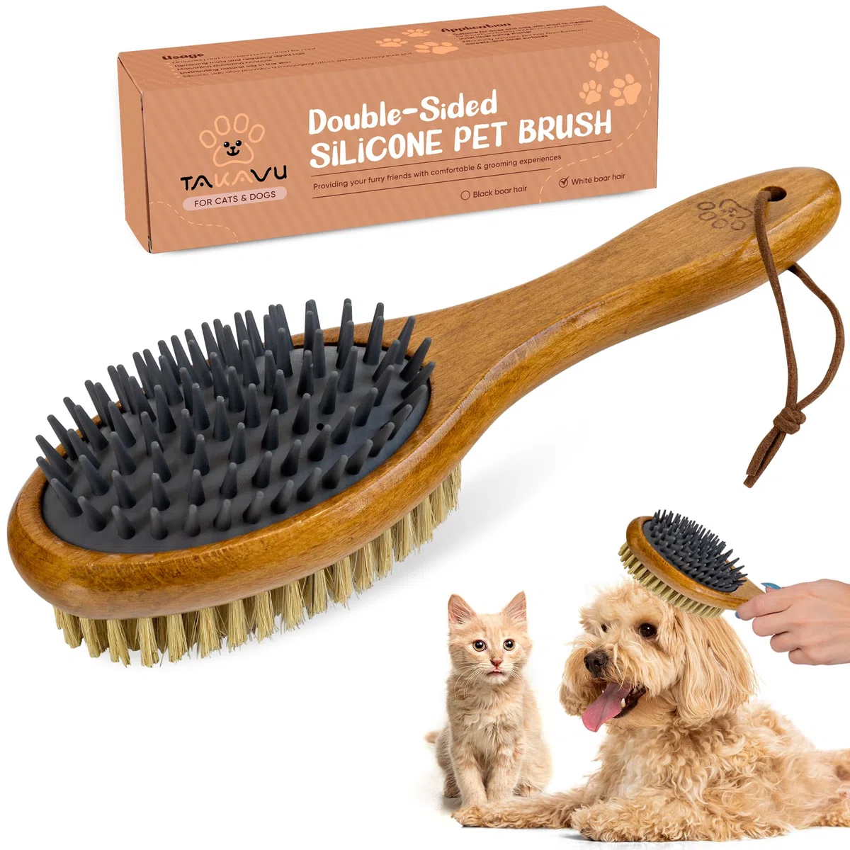 Cepillo profesional de doble cara para perros y gatos, cepillo de silicona para mascotas (cerdas de jabalí blancas)