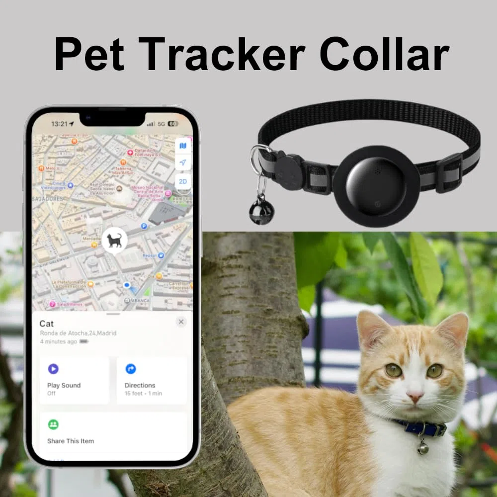 Collar de rastreo para gatos, collar de gato con etiqueta de buscador (solo iOS), compatible con Apple Find My, sin tarifa mensual, collar de gato impermeable con patrón reflectante y rosa campana
