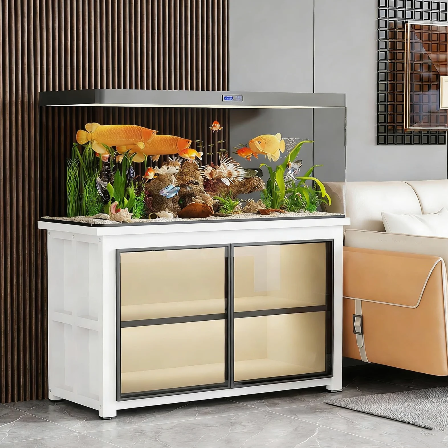Moderno soporte para acuario con iluminación LED y puertas de cristal, gabinete resistente para peceras grandes y pequeñas, capacidad de 500 libras (blanco, 60 x 40 x 70 cm)