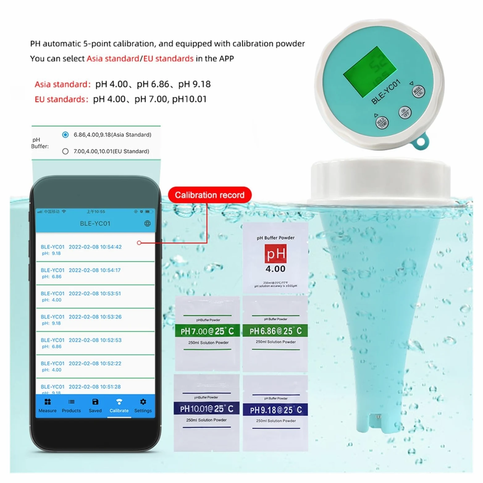 Medidor de pH Detector de Calidad del Agua 6 en 1, PH EC TDS ORP, Temperatura, Cloro, Pantalla aplicación, Probador Calidad Agua Piscina multifunción