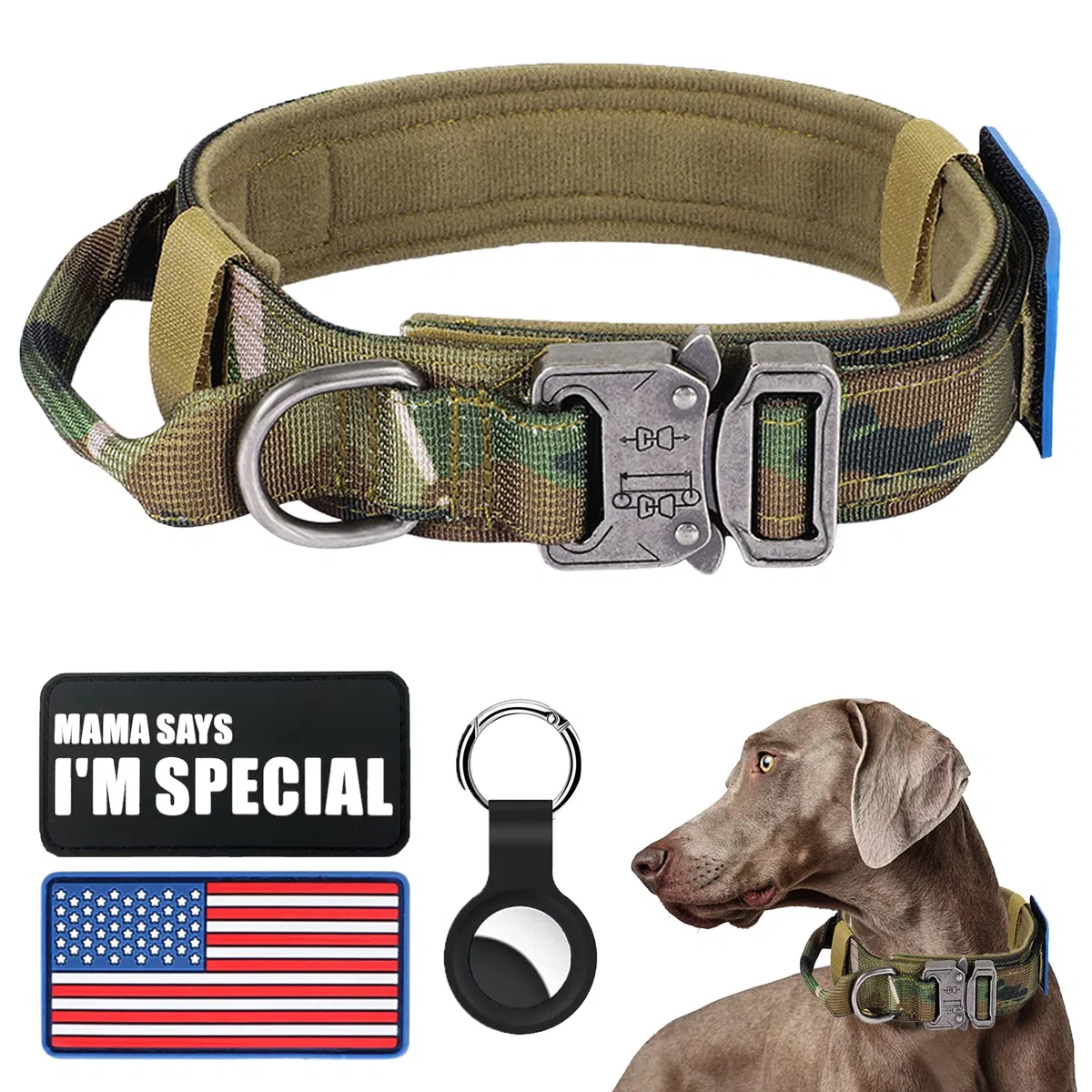 Collar táctico para perro, collar militar de nailon ajustable, hebilla de metal resistente con asa para entrenamiento de perros, con parches (M, camuflaje)
