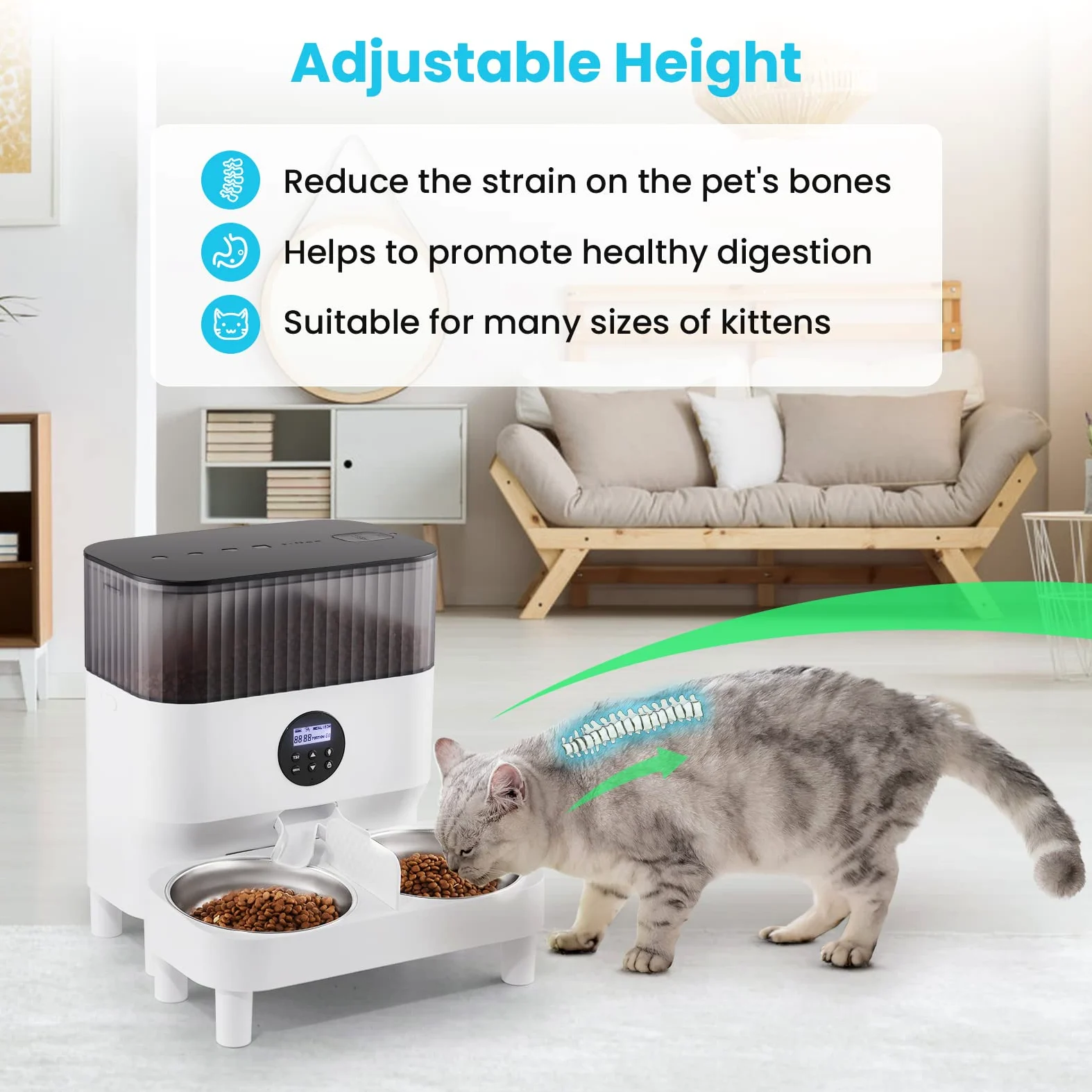 Sailnovo Comedero Automático para Dos Gatos, Dispensador con Dos Cuencos de Acero Inoxidable, Recordatorio de Voz 10s, hasta 80 Porciones y 4 Comidas al Día para Perros y Gatos, Blanco-5L