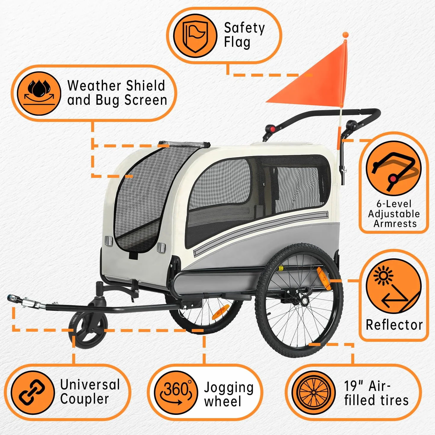 Remolque de bicicleta 2 en 1 XXL para perros, remolque plegable para perros con apertura de techo, reflectores y tiras reflectantes, acoplamiento universal para bicicleta, manillar de