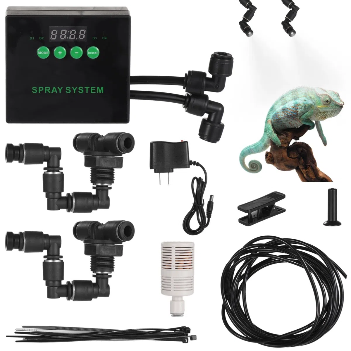 Humidificador programable para reptiles con boquillas dobles, tubo largo y panel de control, atomizador de nebulización interior para serpientes, lagartos, plantas tropicales