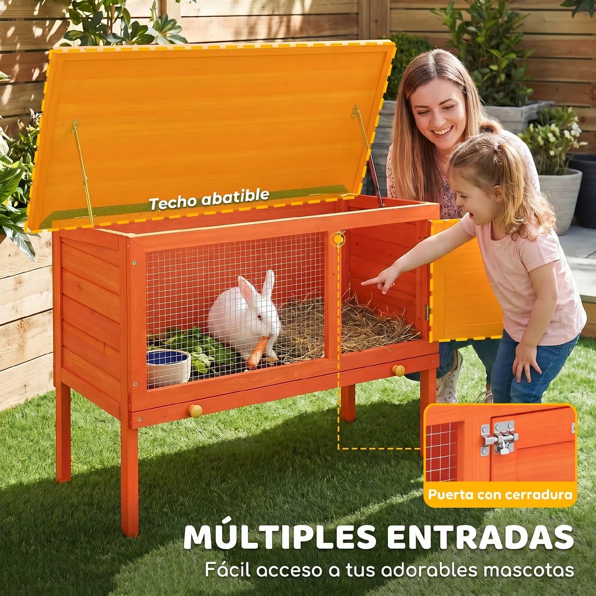 PawHut Conejera de Madera Techo Asfáltico Abatible 90x45x65 cm Naranja
