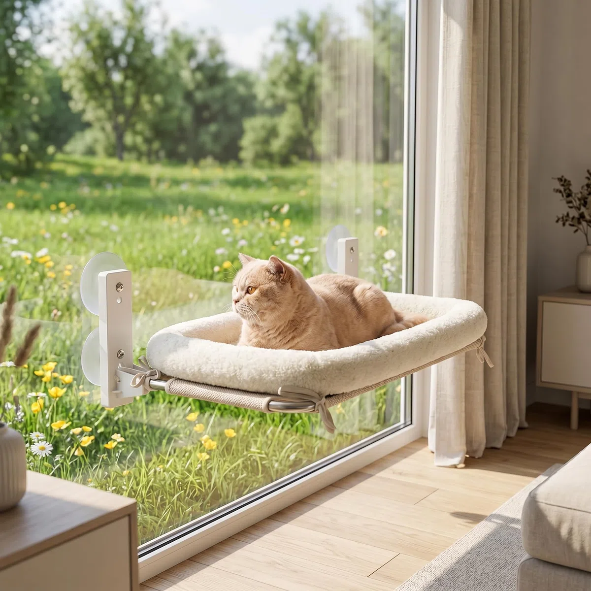 PEFUNY Percha plegable inalámbrica para ventana de gato, hamaca para ventana y pared, con 4 ventosas, marco resistente para ventanas de vidrio y paredes interiores (blanco con cama grande)