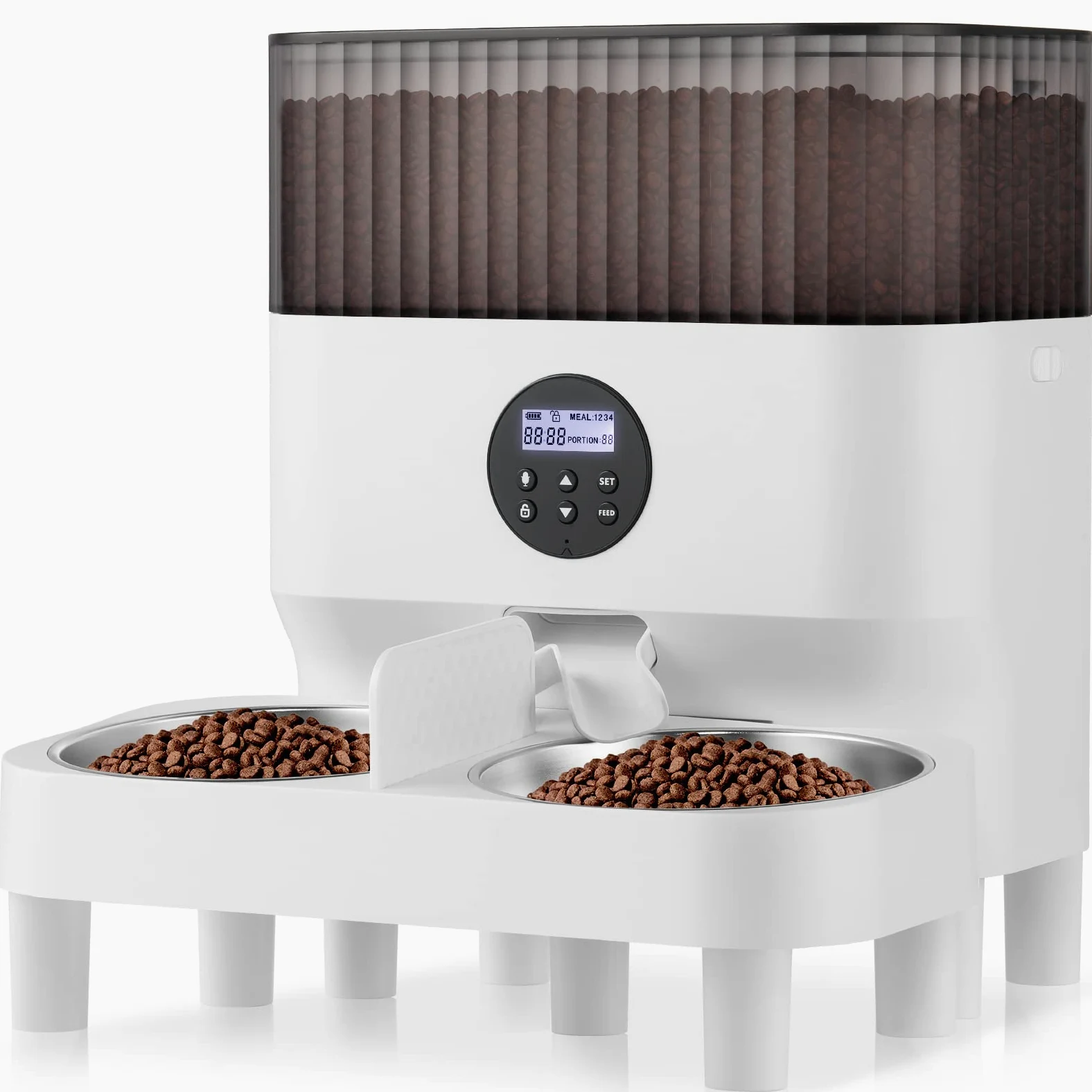 Sailnovo Comedero Automático para Dos Gatos, Dispensador con Dos Cuencos de Acero Inoxidable, Recordatorio de Voz 10s, hasta 80 Porciones y 4 Comidas al Día para Perros y Gatos, Blanco-5L
