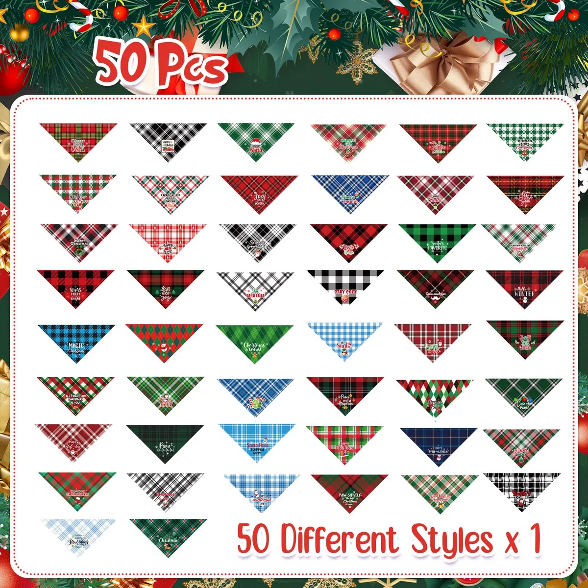 Abbylike 50 Bandanas de Navidad a Cuadros para Perro, Bufanda para Perros, Baberos para Cachorros, Bandanas Ajustables y Lavables, Accesorios de Disfraz para Mascotas, Suministros de Aseo para Gatos