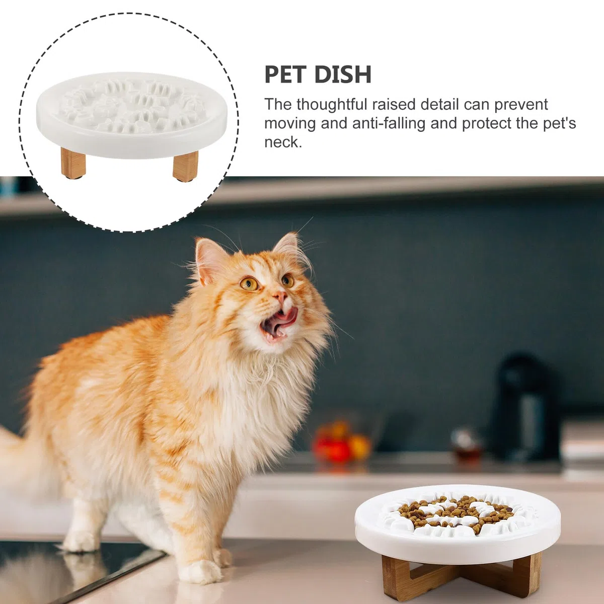 Gatuida Comedero Elevado para Mascotas de Cerámica con Soporte de Madera, Protección para Cuello, Adecuado para Perros Pequeños y Gatos, Alimentación Lenta