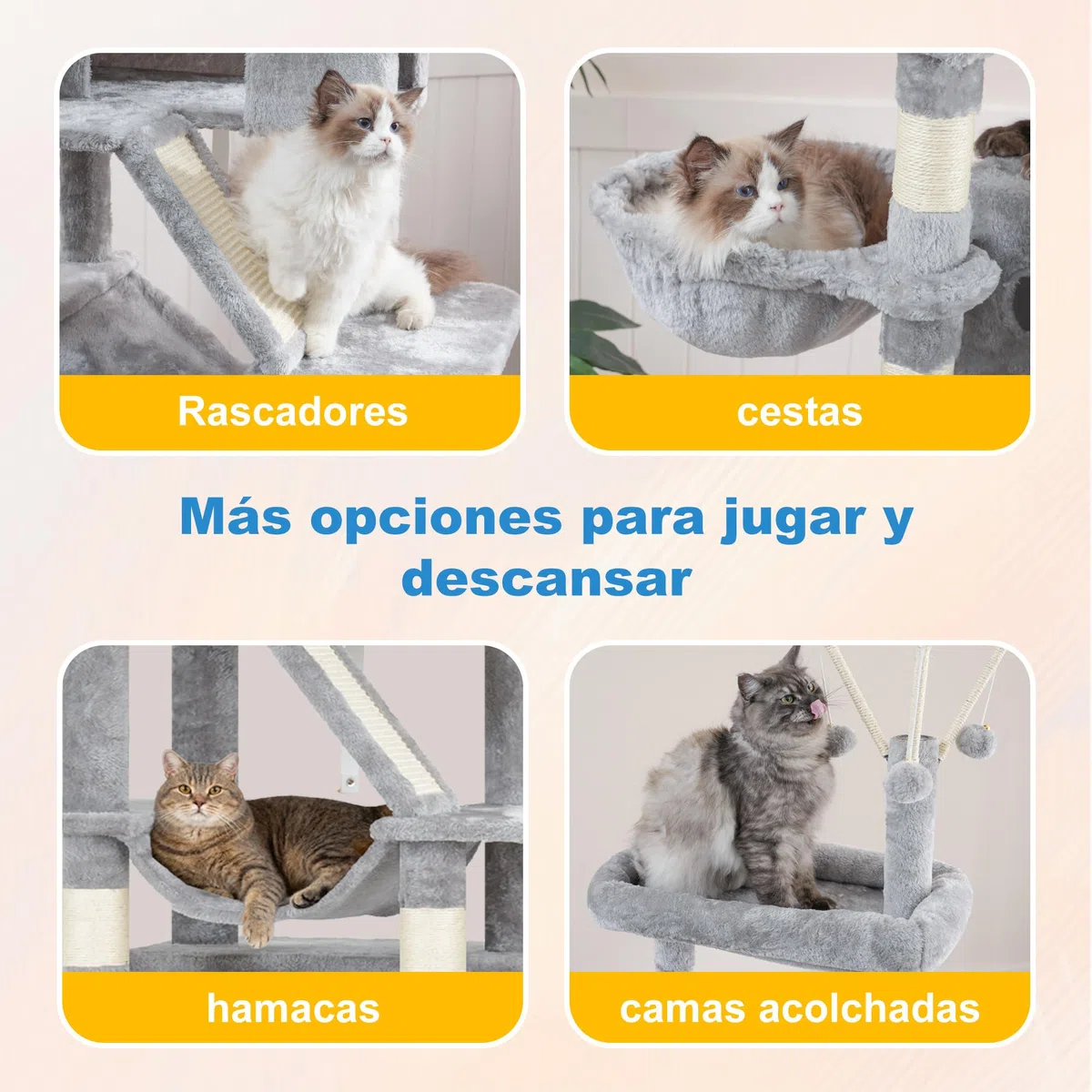 Hey-brother 210 cm Árbol para Gatos, Rascador para Gatos Grande Apto para hogares con Varios Gatos, Equipado con 2 Cuevas Grandes, Hamaca, Cesta y Varita Juguete extraíble, Gris Claro EMPJ082W