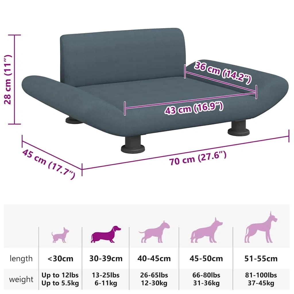 Cama para perros gris oscuro, 70 x 45 x 28 cm, tela, cojín para perros con acolchado de espuma, sofá para perros de pino con patas de acero, cama para perros pequeños, salón o dormitorio