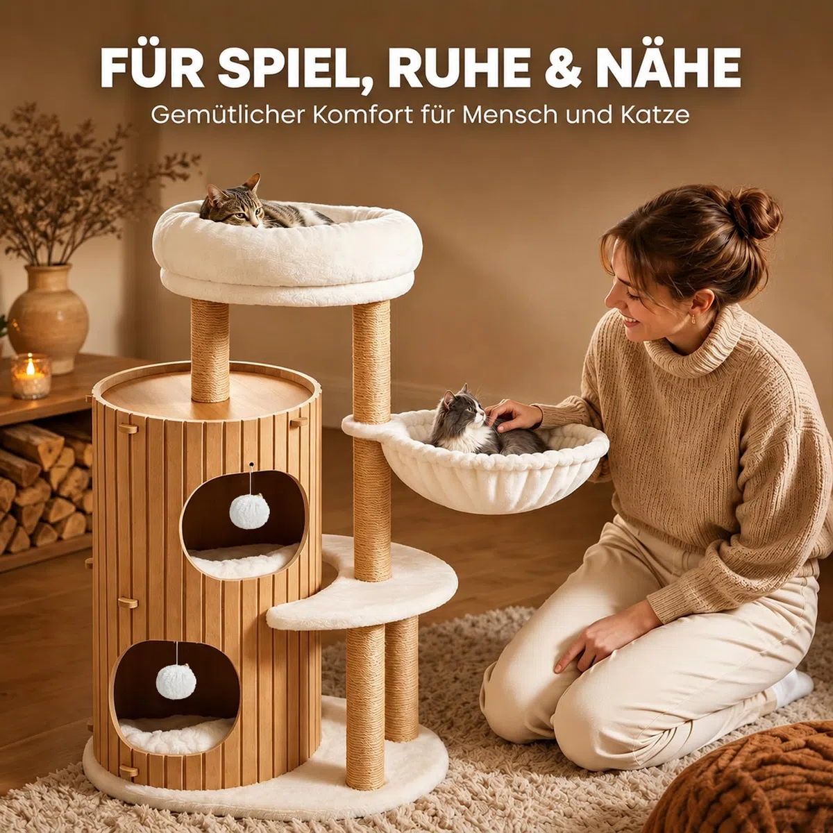 Árbol rascador de alta calidad con 2 barriles para gatos, árbol para gatos y plataformas grandes | Troncos de sisal, rampa rascadora, casa de gatos, bolas de peluche y cepillo para gatos grandes