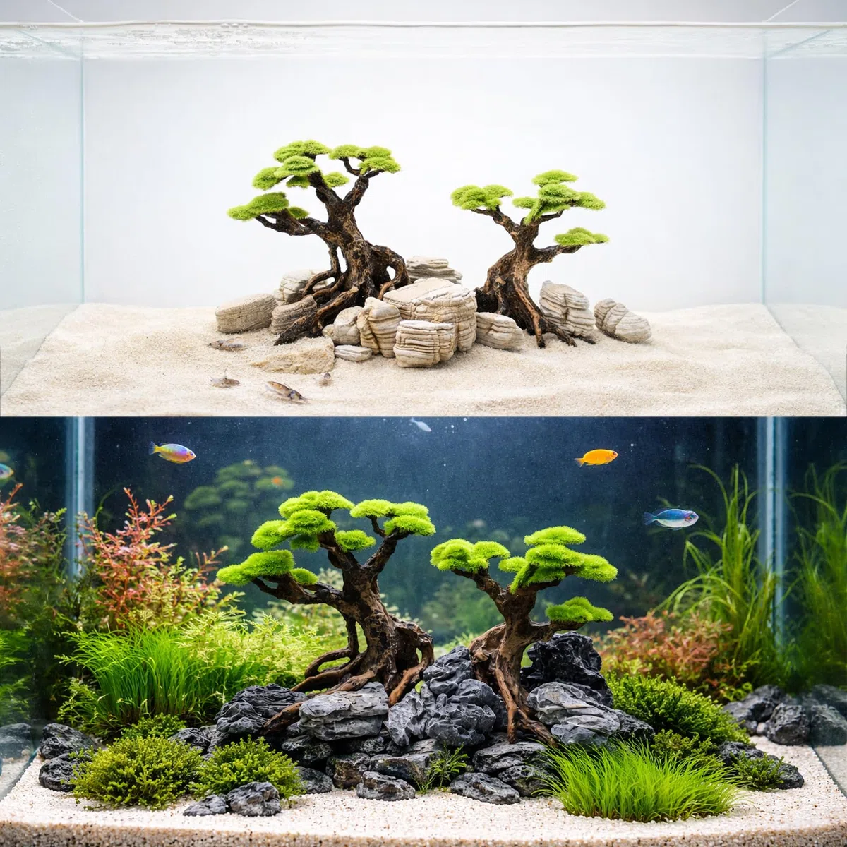 Decoración de resina de árbol de musgo de acuario para pecera, adorno de árbol bonsái artificial para paisajismo, decoración de pecera con área de descanso escondida para camarones betta