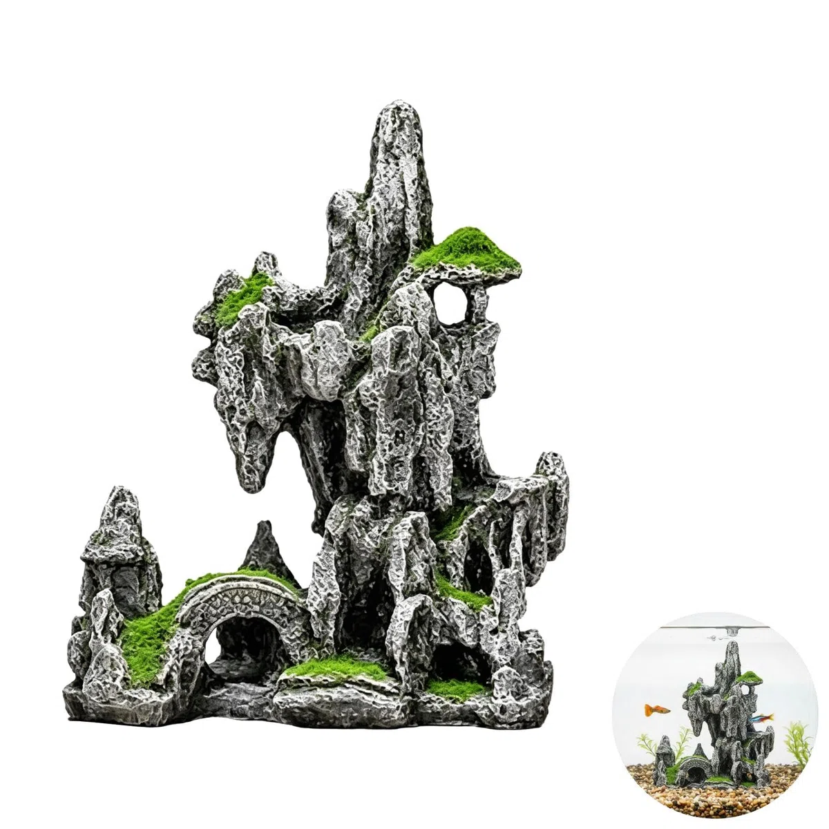 Decoración grande de montaña para acuario, cueva escondida de paisaje rocoso, 6.7 x 3.9 x 8.3 pulgadas, adorno de pecera de roca con musgo simulado, realzador del ecosistema para betta