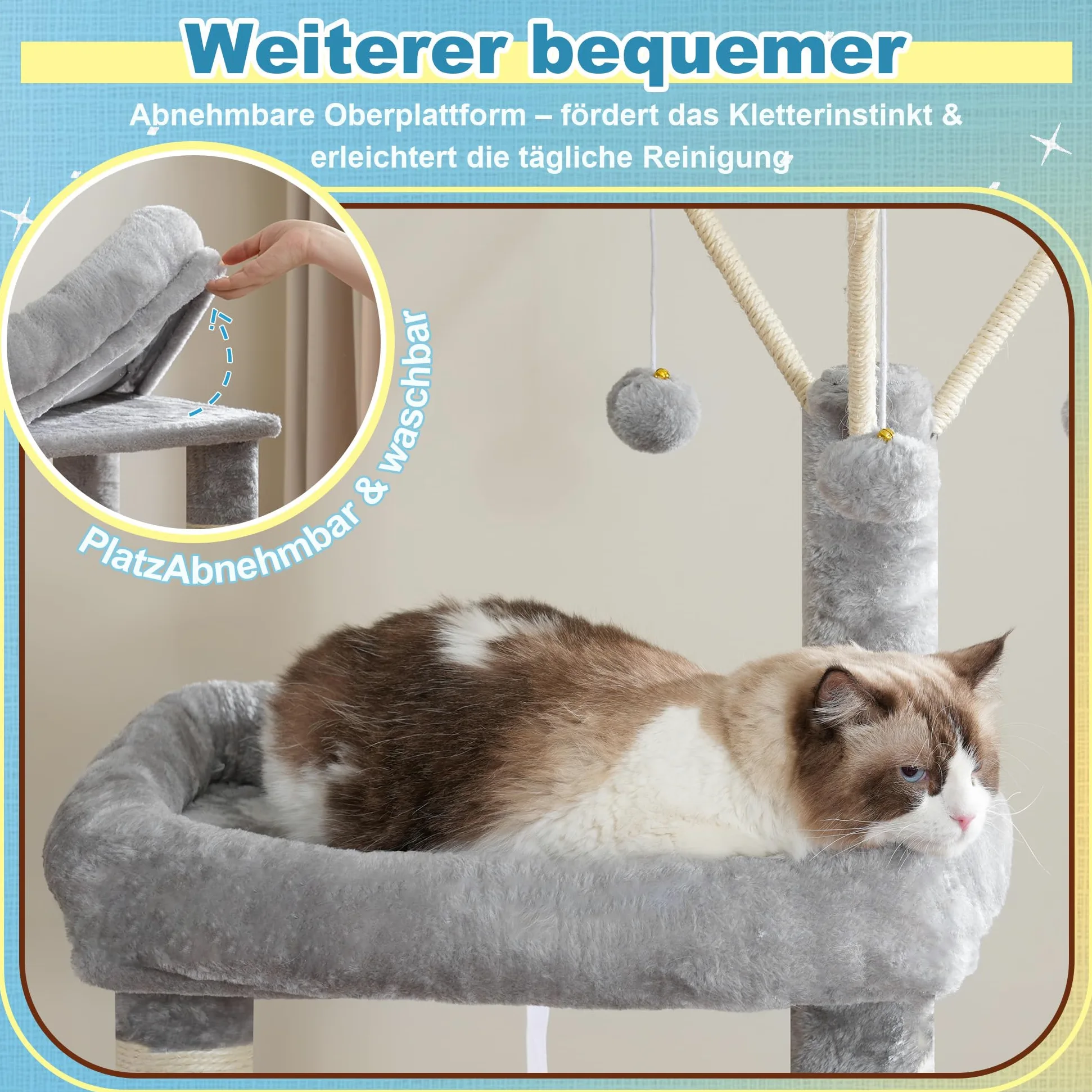 Hey-brother Árbol rascador para Gatos Grandes, 160 cm, 3 Camas, Hamaca Grande, Superficie de Descanso y Tabla rascadora de sisal, Gris Claro EMPJ081W