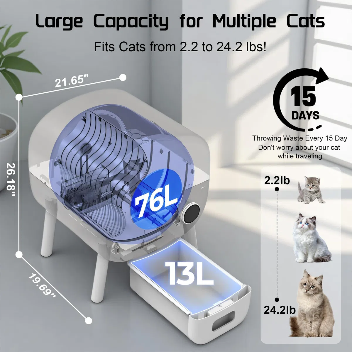 Arenero Gatos Autolimpiable, Caixa de Areia para Gatos Automatico 76L, Protección de Seguridad/Control de Aplicaciones/Inodoro/Iluminación Ambiental, Arenero Automatico para Varios Gatos