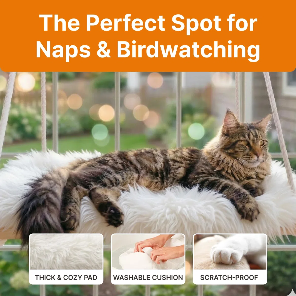 Percha de Ventana para Gatos Grandes, Hamaca para Gatos Pesados de Interior, Asiento de Madera Maciza, 5 ventosas Fuertes, cojín Suave, Estante rústico para Mascotas en el Interior