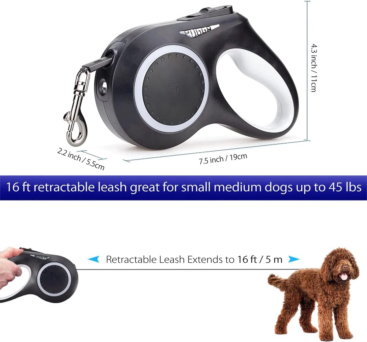 Correa Retráctil para Perros Pequeños Y Medianos De hasta 45 Libras - Correa Retráctil De 16 Pies con Luz LED - Recargable, Sin Enredos