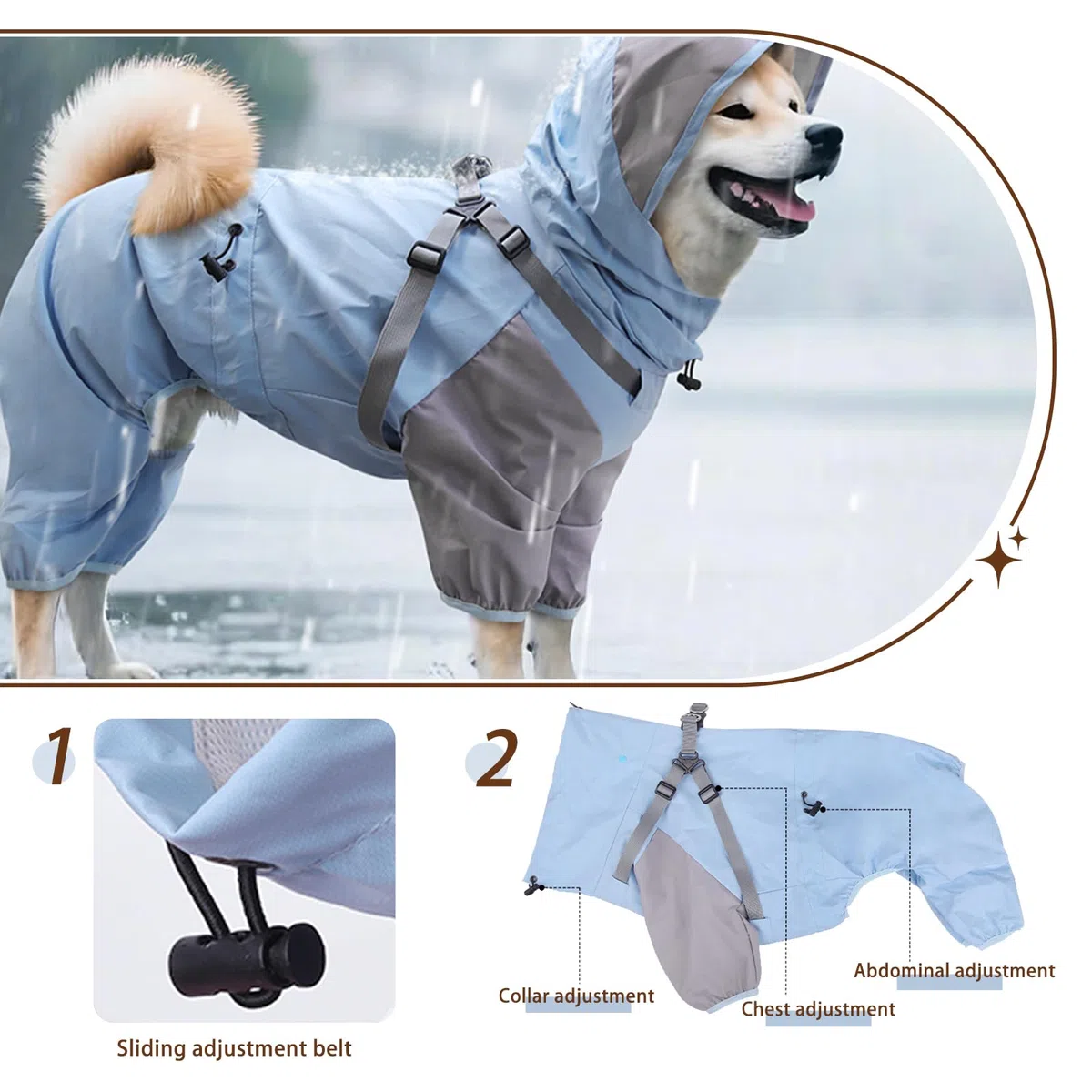 Impermeable para perro, chaqueta impermeable para perro con capucha desmontable y hebillas elásticas ajustables, ligera y vívida, chaqueta impermeable para mascotas de 4 patas con malla