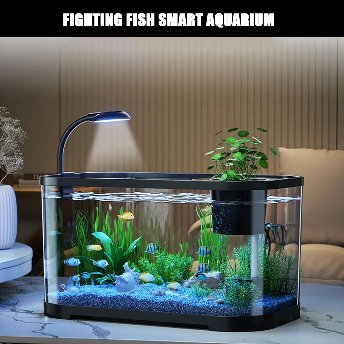 Kit de acuario con filtro y luz LED, pecera compacta para decoración del hogar u oficina