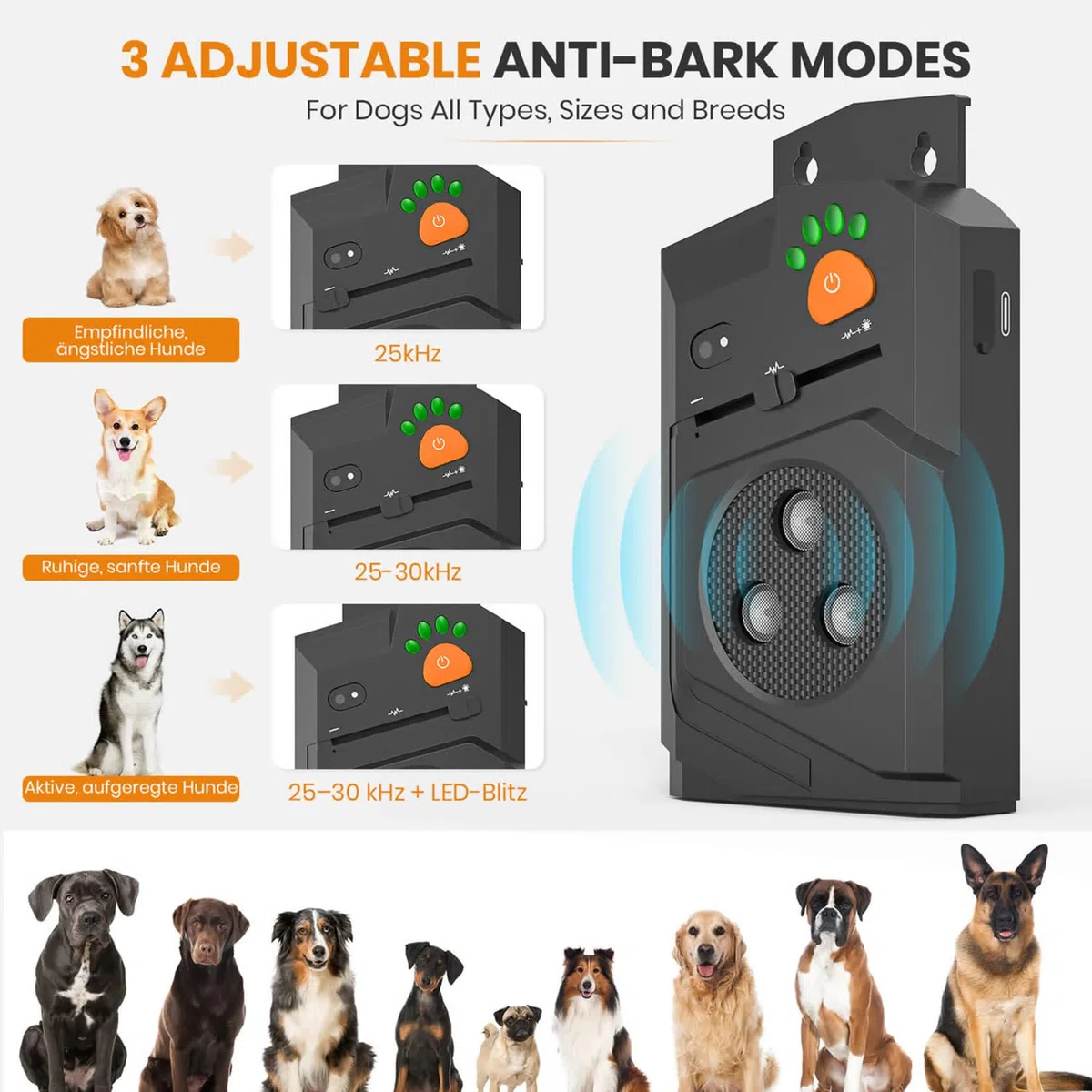 Antiladridos para perros, dispositivo antiladridos ultrasónico, dispositivo antiladridos para perros con 3 modos, alcance de 15 m, función antiladridos automática, tope ultrasónico para