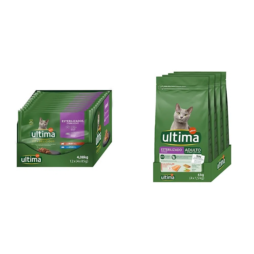 Ultima Comida Húmeda para Gatos con Buey y Atún, 12 x (4 x 85 gr), 4080g & Pienso para Gatos Esterilizados Adultos con Salmón 4 x 1.5 kg