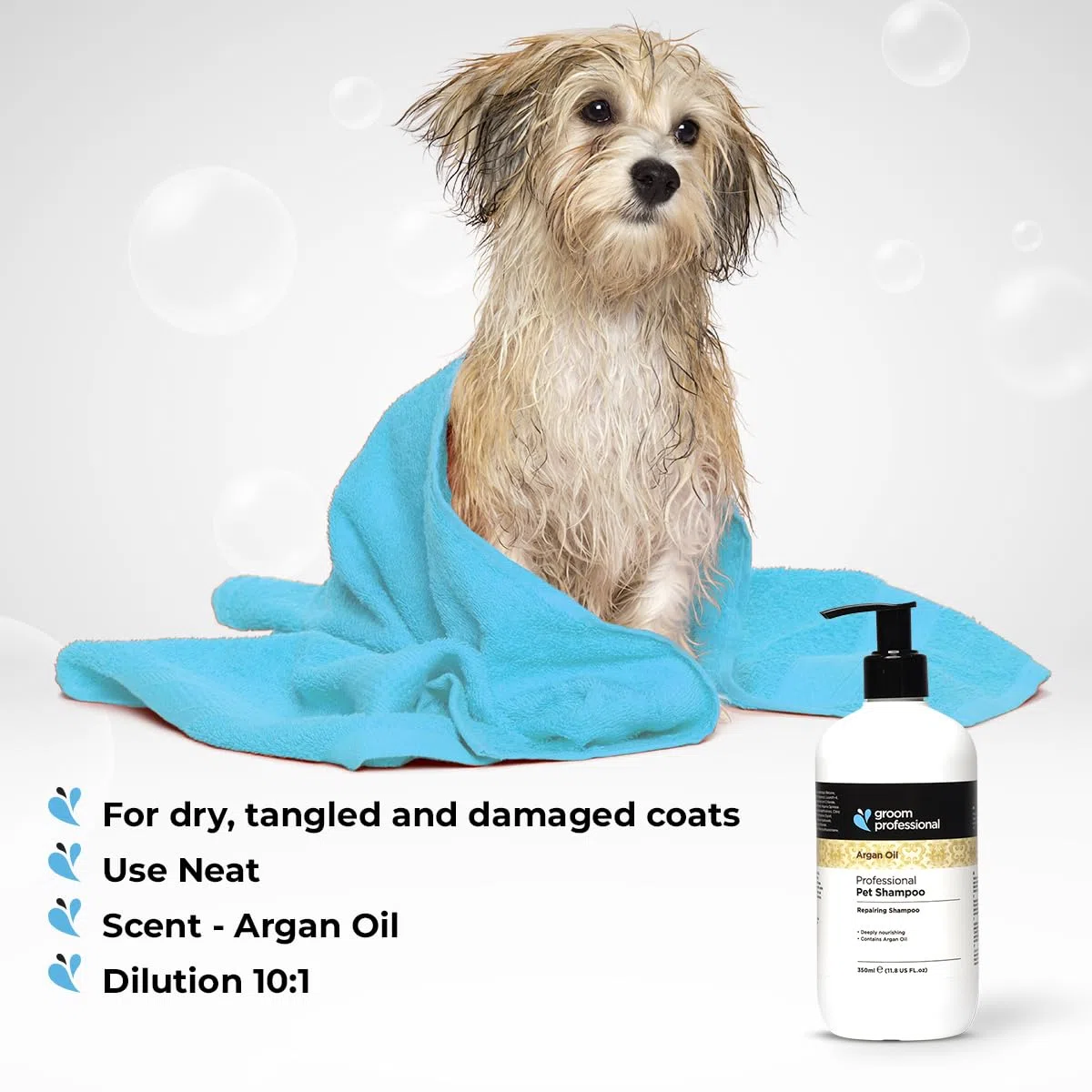 Groom Professional Champú para perros con aceite de argán (4 L) – Tamaño de salón 10: 1 concentrado, con aceite de argán y vitamina E, hidrata, protege y repara el pelaje seco