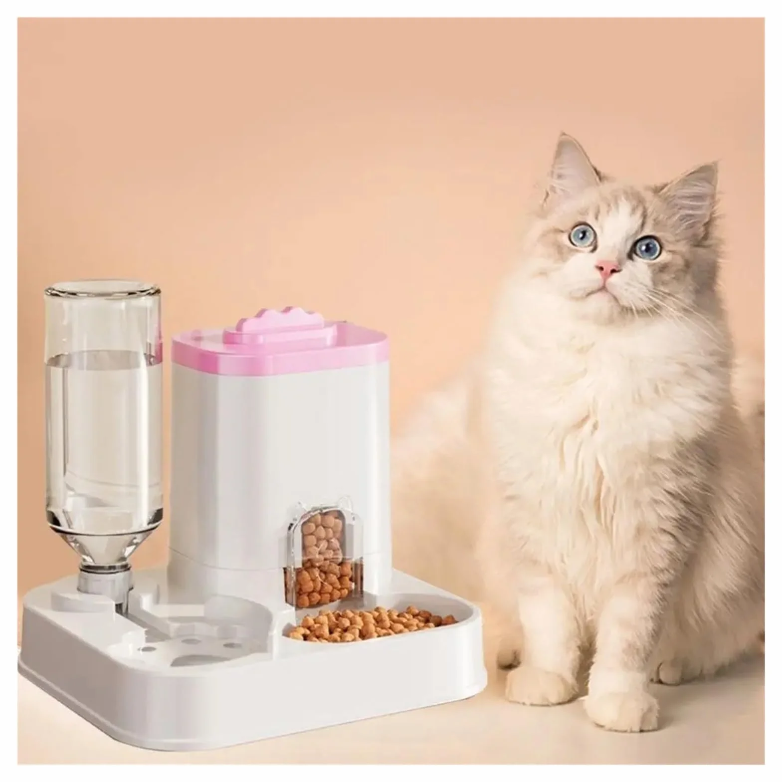 Dispensador de Comida for Gatos 2 en 1 con separación Alimentos Secos y húmedos, Bebedero automático Desmontable(Pink)