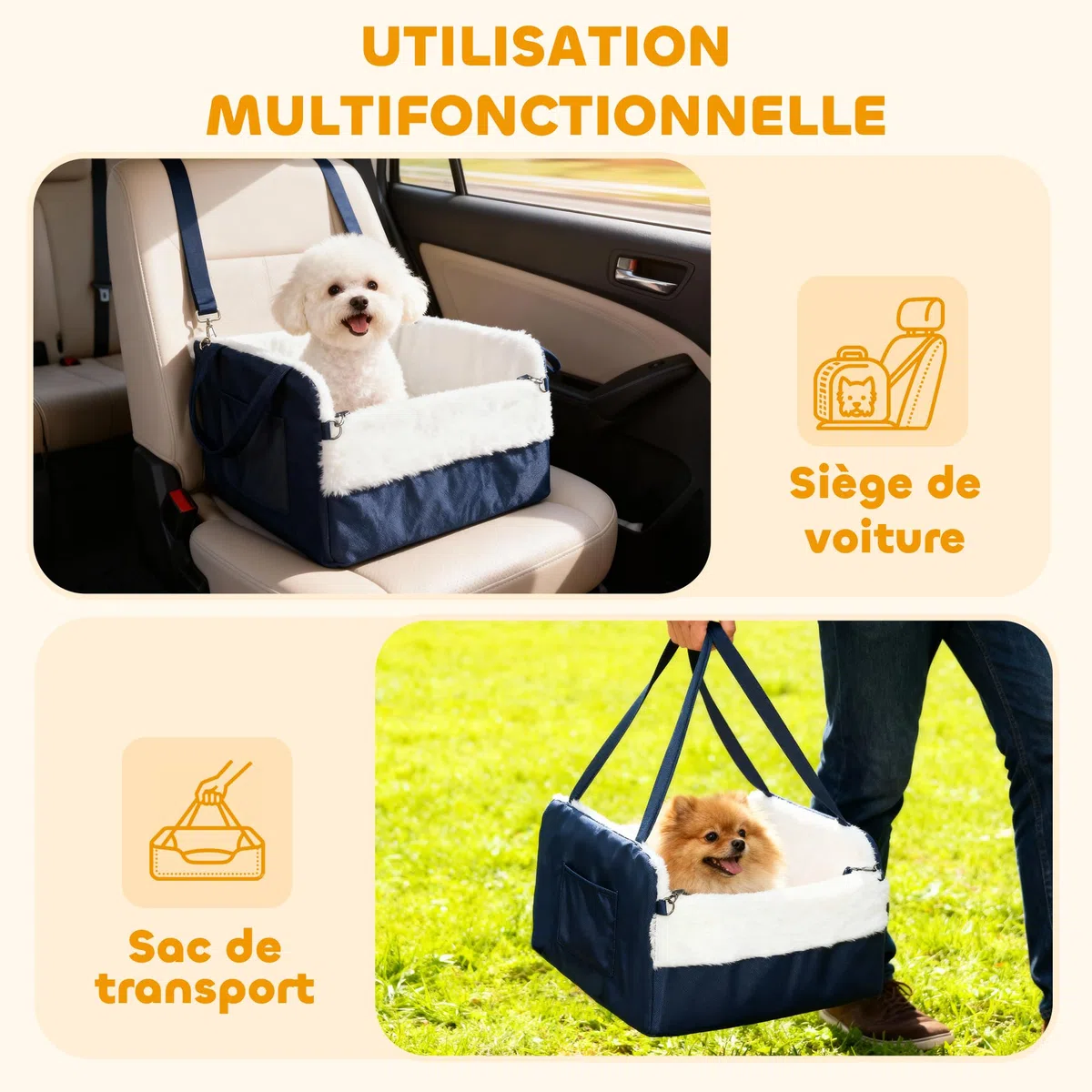 PawHut Asiento de Coche para Perros con cinturón de Seguridad y fijación, Asiento de Coche para Perros con Base Antideslizante portátil hasta 5 kg, cojín extraíble Cesta de Coche para Mascotas, Azul | Fijación, asiento de coche para perros, base antidesli