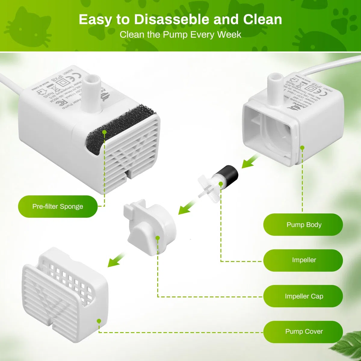 Bomba de fuente de agua para gatos, bomba de repuesto ultra silenciosa JY-830 para fuente de mascotas de acero inoxidable, motor USB de repuesto para dispensador de agua para gatos interiores