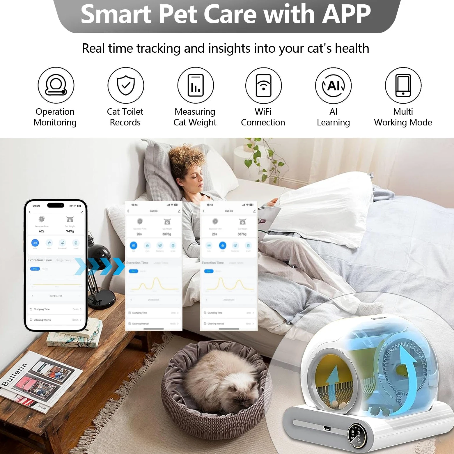 Bandeja higiénica autolimpiante para gatos, eléctrica, autolimpiante, bandeja higiénica automática para gatos con app, cerrada para hogares con varios gatos, formato XXL, aislamiento de olores