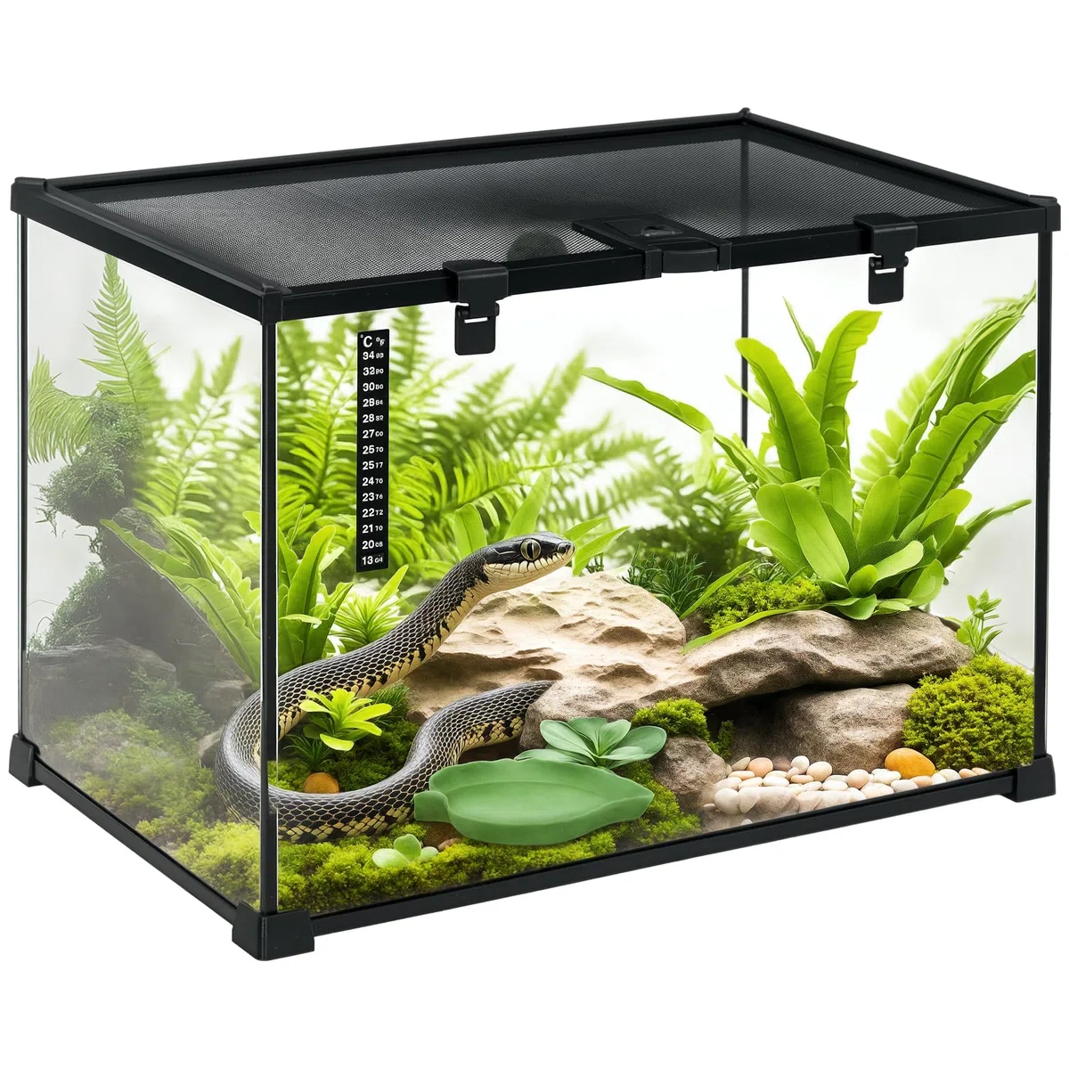 PawHut Caja de Reptiles para Reptiles, terrario, Transparente, Tapa Deslizante, Rejilla metálica, dispensador de Agua, termómetro, Incluye Cristal, Metal, 50 x 30 x 35 cm, Color Negro