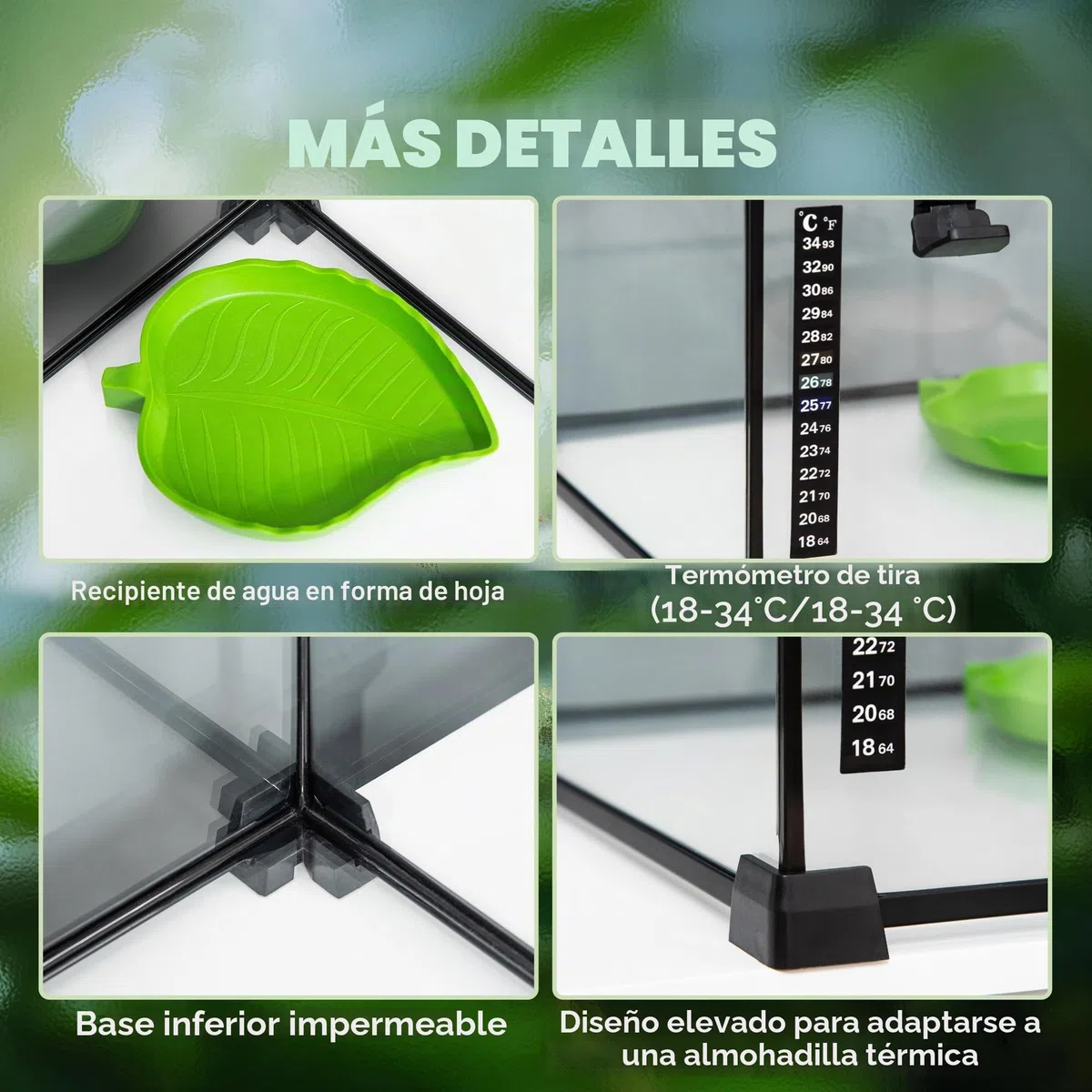 PawHut Caja de Reptiles para Reptiles, terrario, Transparente, Tapa Deslizante, Rejilla metálica, dispensador de Agua, termómetro, Incluye Cristal, Metal, 50 x 30 x 35 cm, Color Negro